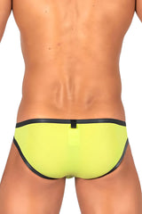 Bright neon yellow Private Structure BRUT4393 bare bikini swim trunks with black trim for beach and pool use