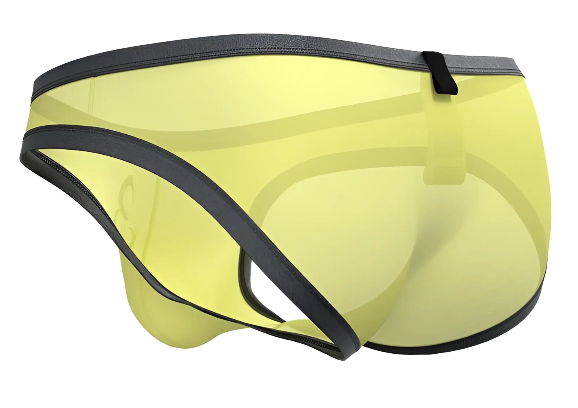 Yellow translucent mesh briefs with black elastic trim and a black tab at the waistband by private structure