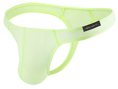 Neon green mesh thong with black private structure brand tag in lime color from the desire glaze collection