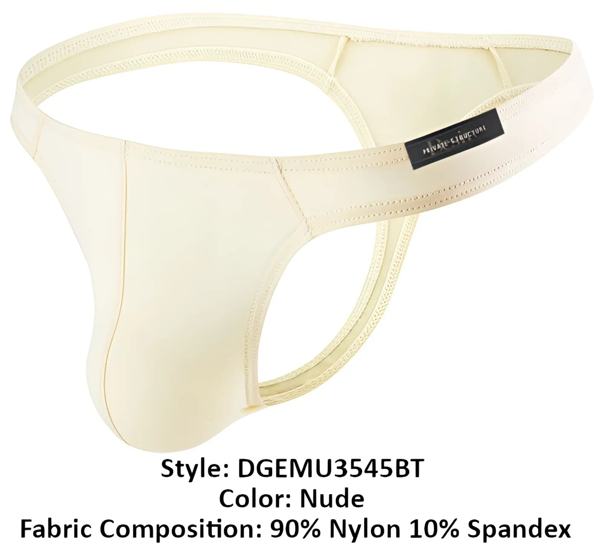 Nude-colored form-fitting thong with sleek smooth texture made of 90 nylon and 10 spandex by private structure