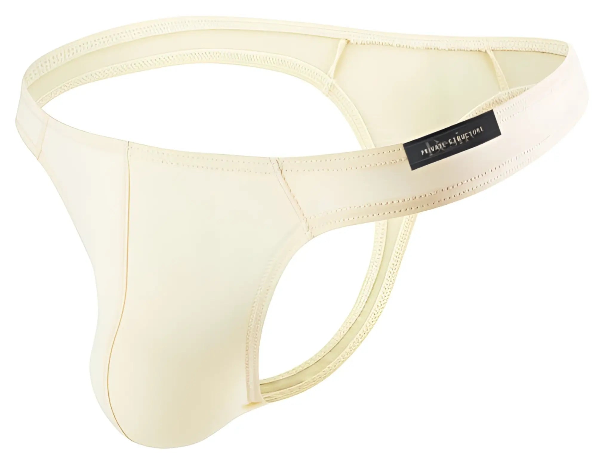 Cream-colored smooth men’s thong with black private structure tag on waistband from Private Structure DGEMU3545BT Desire Glaze