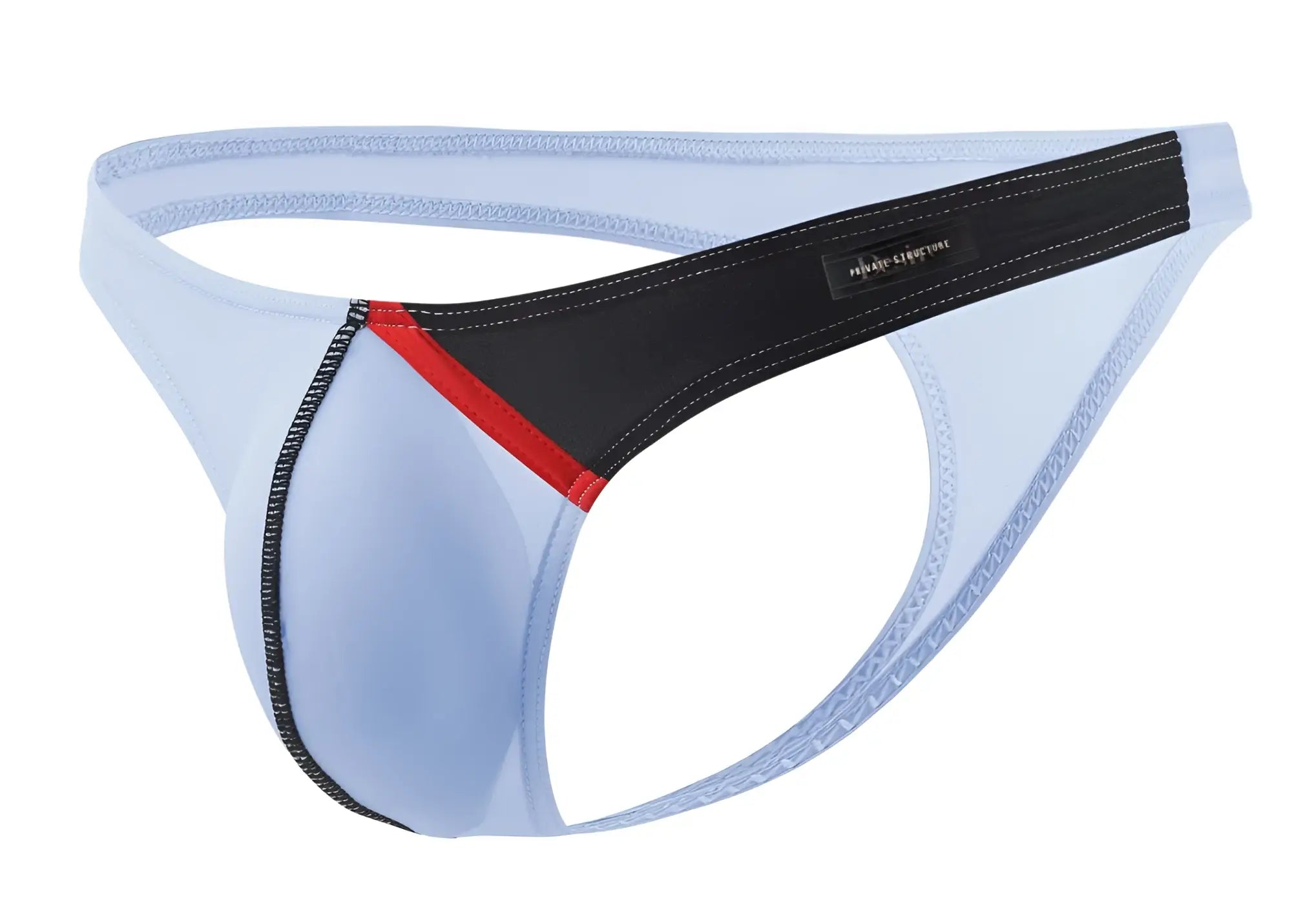 Private structure dguay4025 desire glaze g-string in light blue and black with red accent stripe and branded label