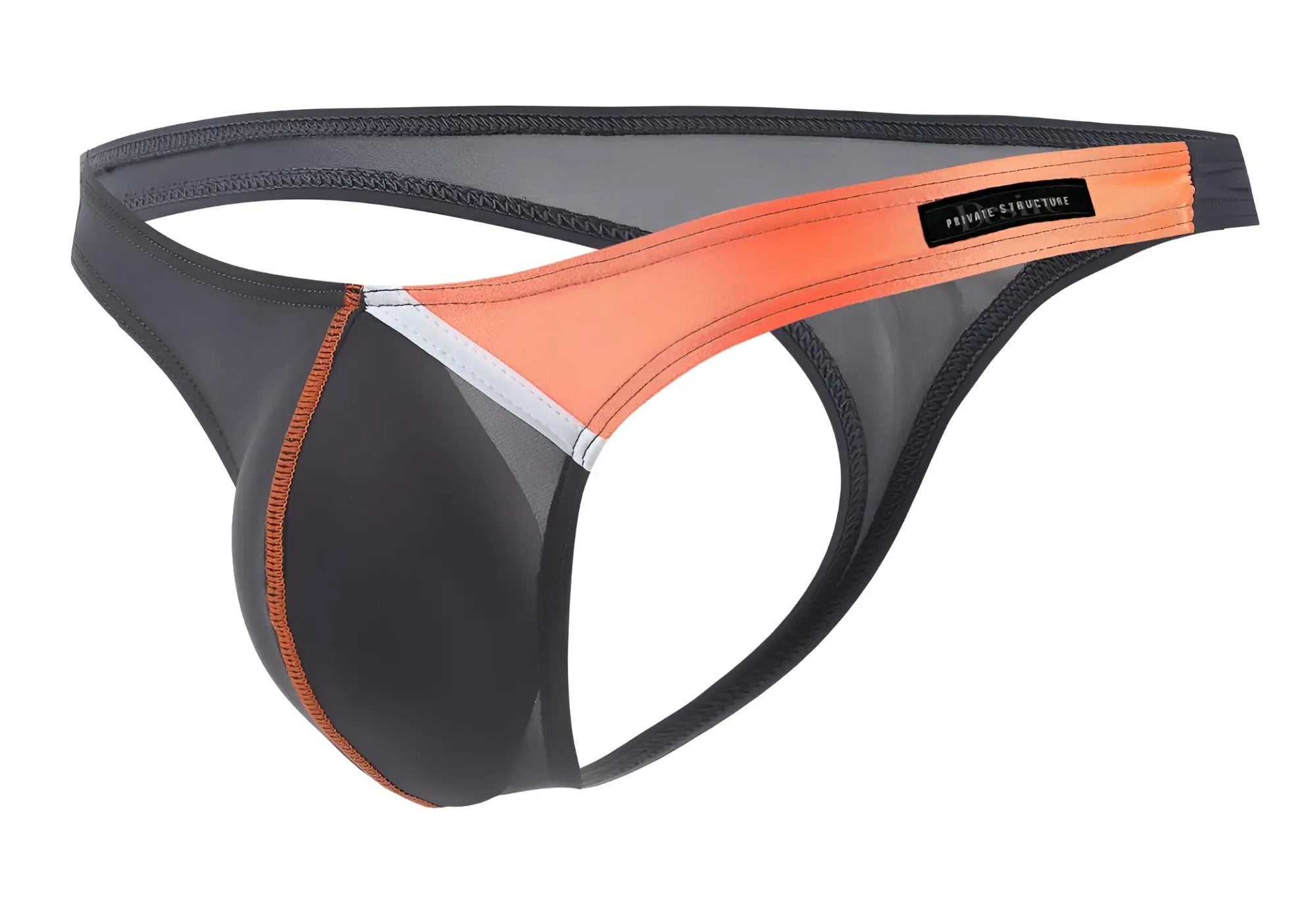Black and orange Private Structure thong with mesh panel featuring brand label in gray color front side view