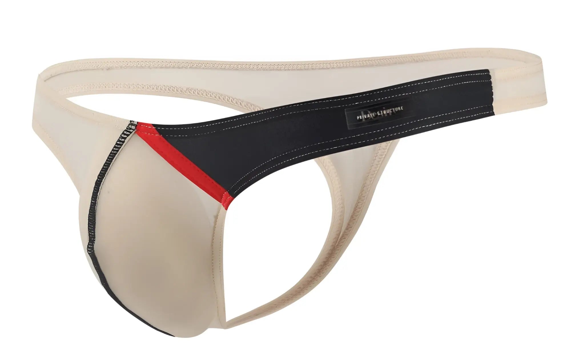 Beige and black private structure dgu y4025 desire glaze g-string with red accent stripe and branded label in nude