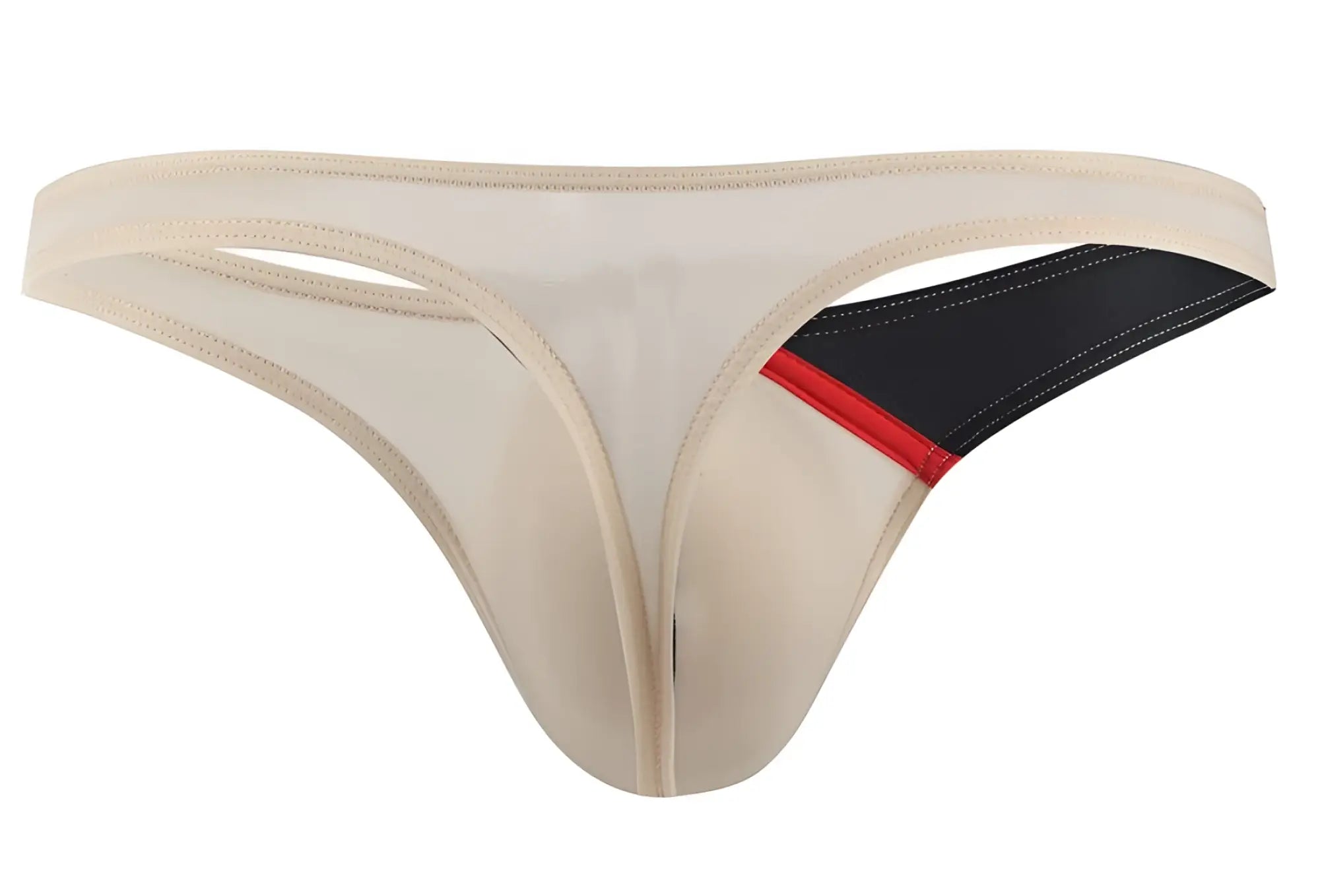 Beige private structure dguay4025 desire glaze g-string with black and red accent panel in nude color front view