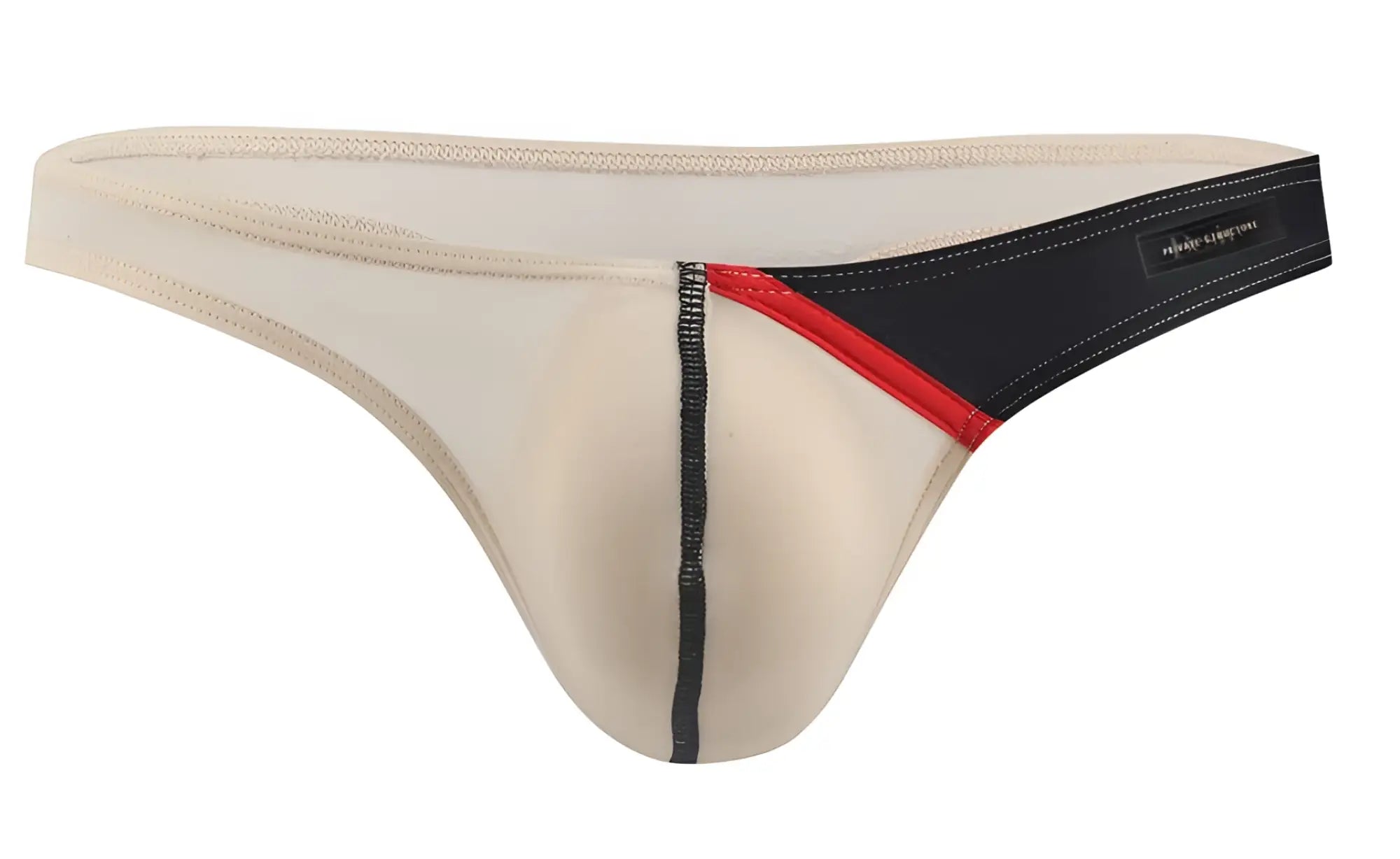 Beige thong with black and red trim featuring sleek design and subtle stitching from Private Structure Desire Glaze series