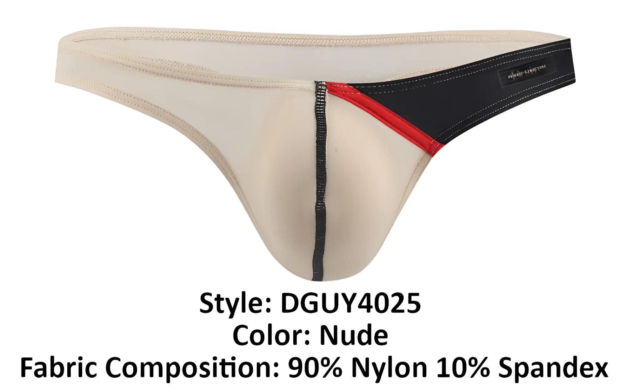 Nude-colored thong g-string with black and red side stripe made of 90 nylon 10 spandex by Private Structure