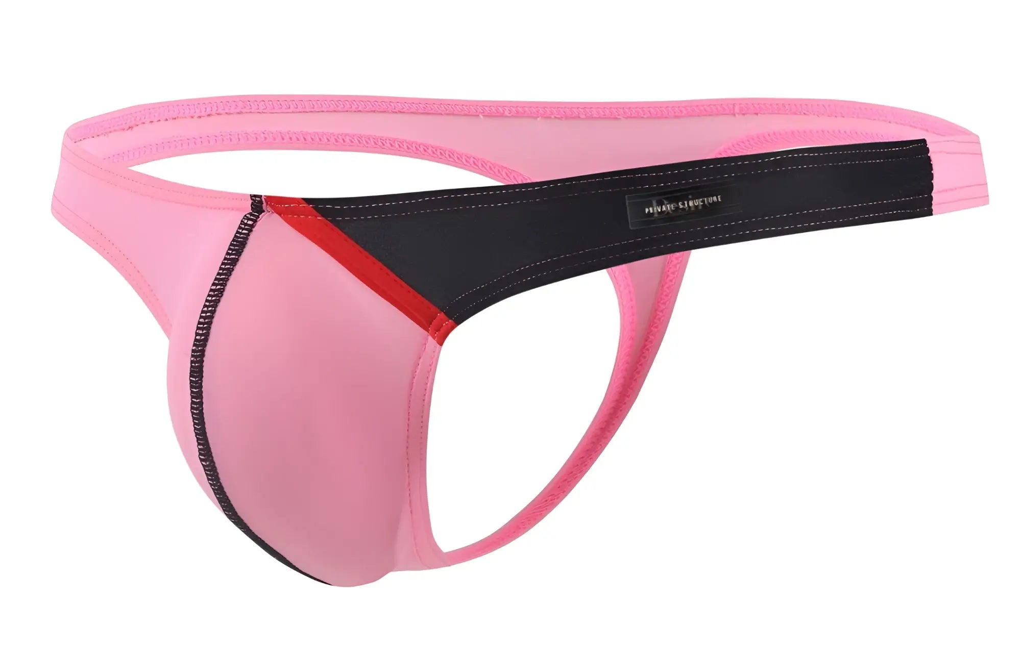 Private Structure DGUY4025 Desire Glaze G-string in pink with black and red stripe made of smooth elastic fabric