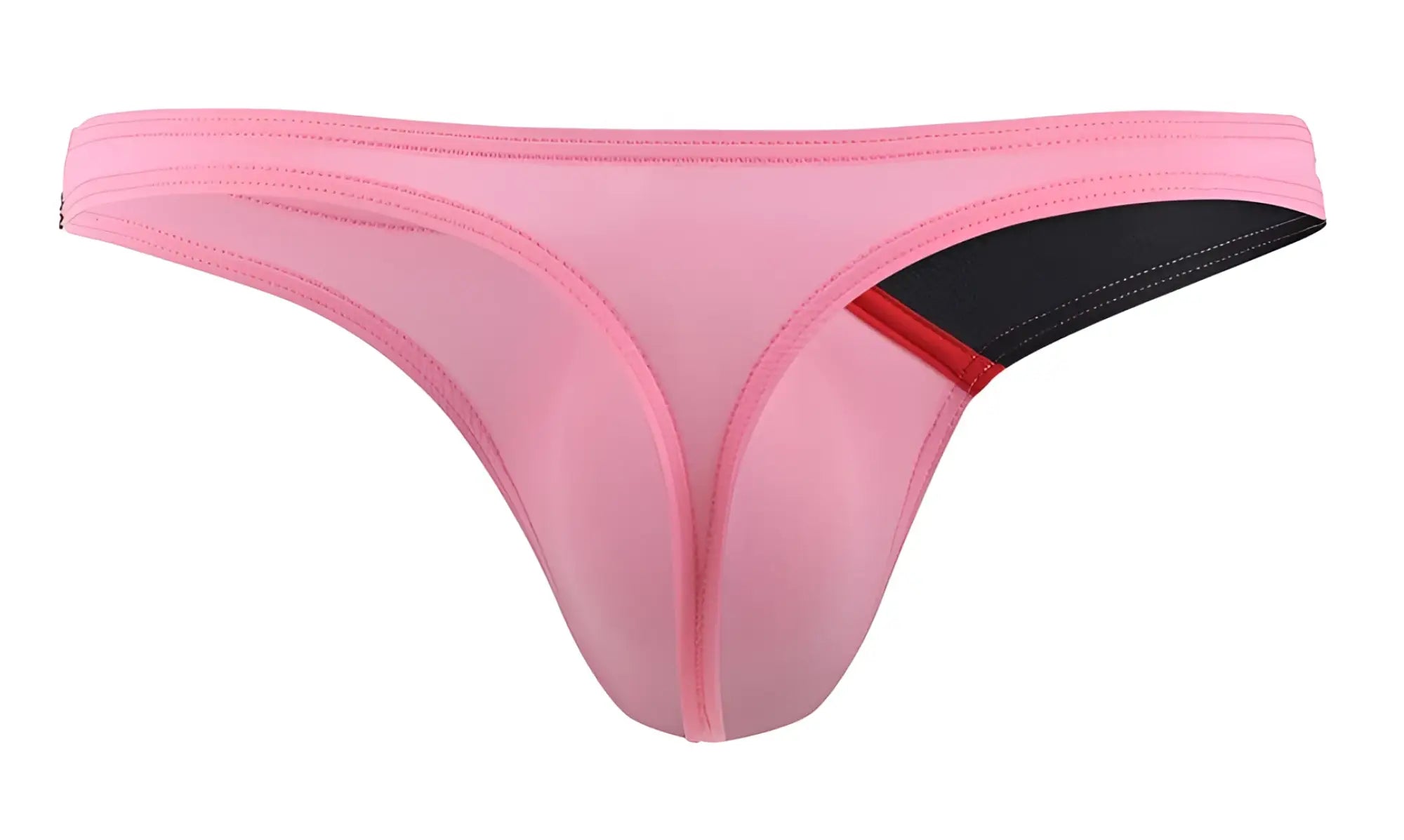 Pink sheer thong private structure dgu y4025 desire glaze g string with black and red accent panel front view