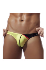 Private Structure DGUY4025 Desire Glaze yellow thong with black and red accent stripe shown from the back side
