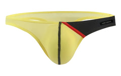 Yellow mesh thong with black and red trim featuring a sleek design from private structure dguys4025 desire glaze g-string