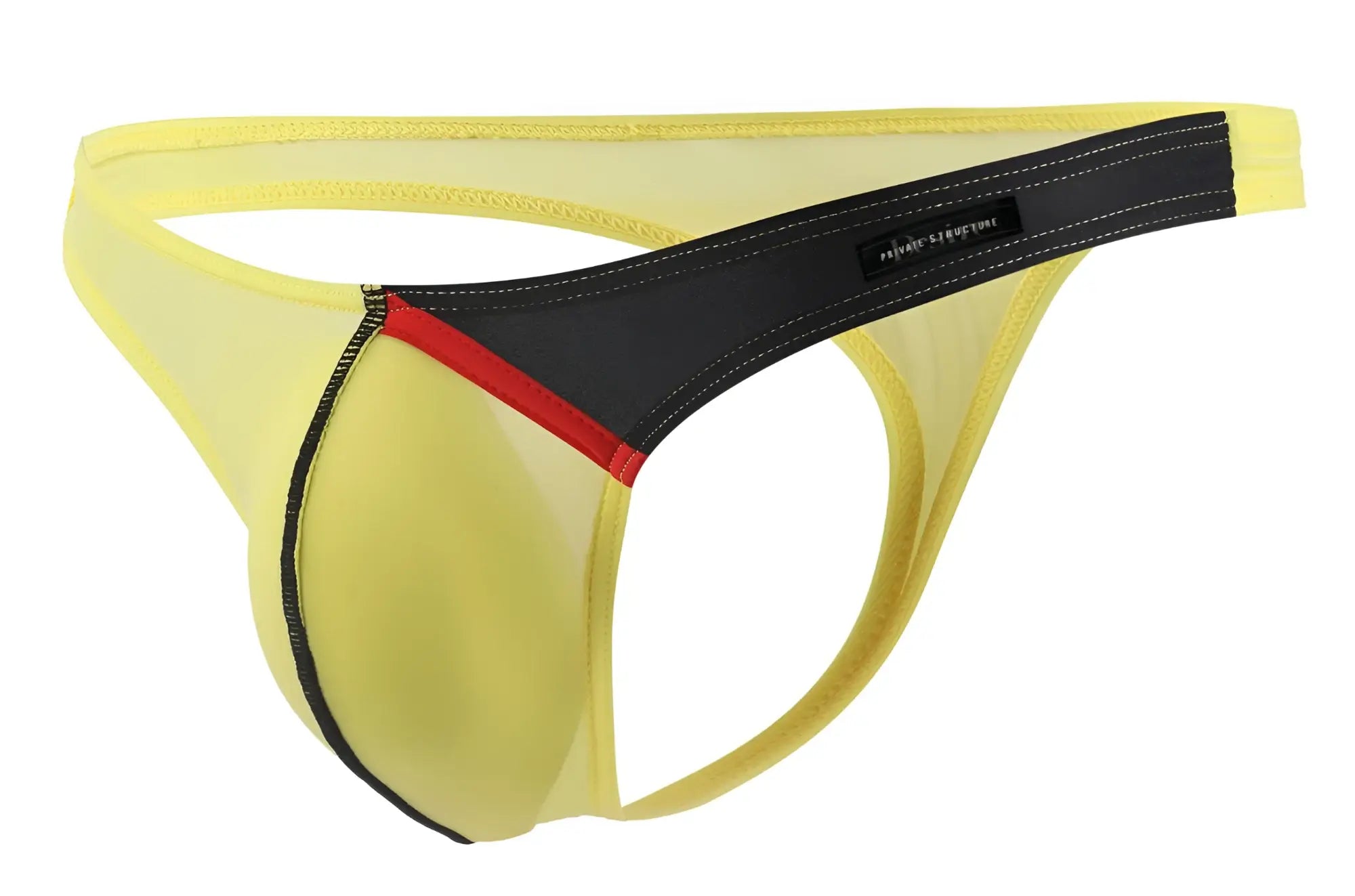 Yellow mesh thong g-string with black and red trim and branded waistband label by private structure