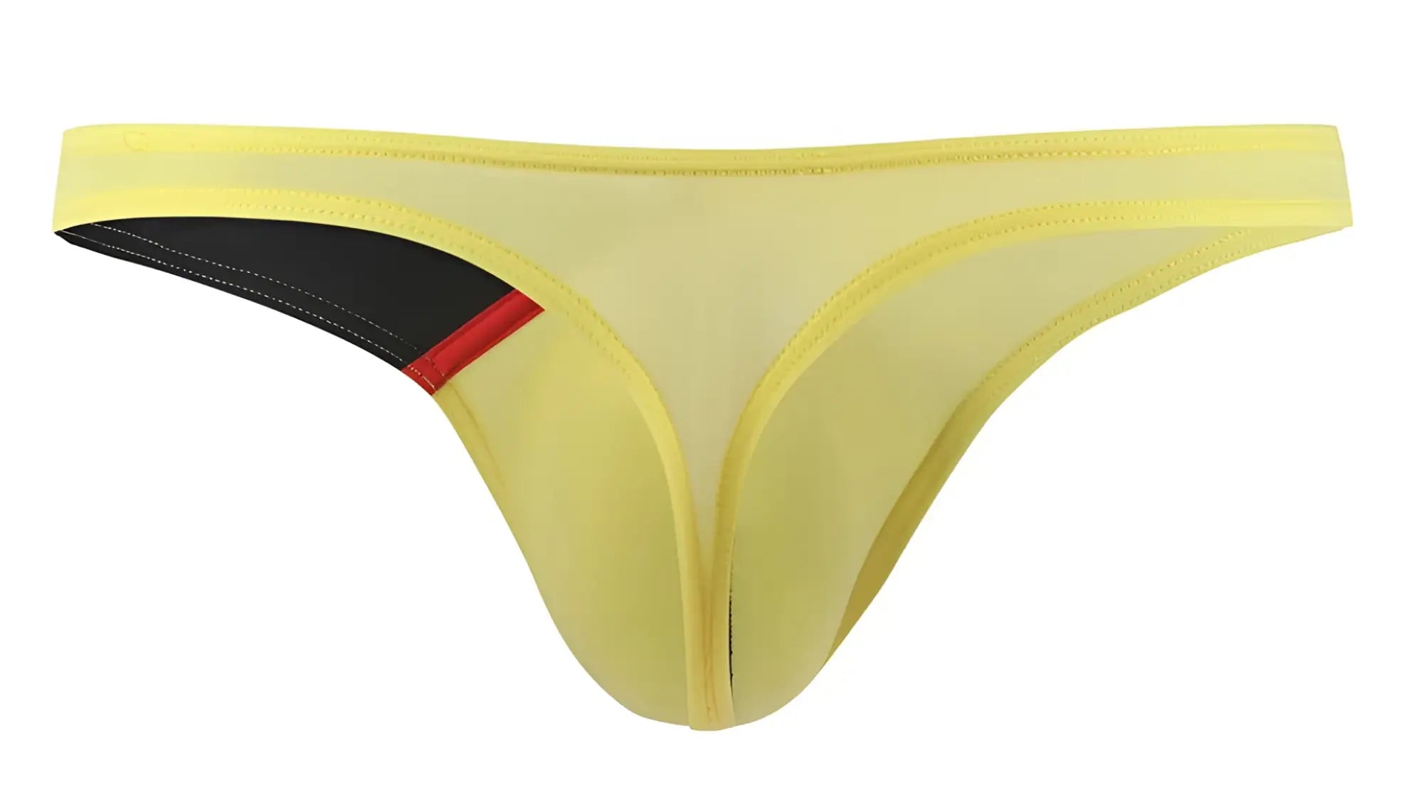 Yellow mesh thong g string with black and red accent panel on the side from private structure desire glaze collection