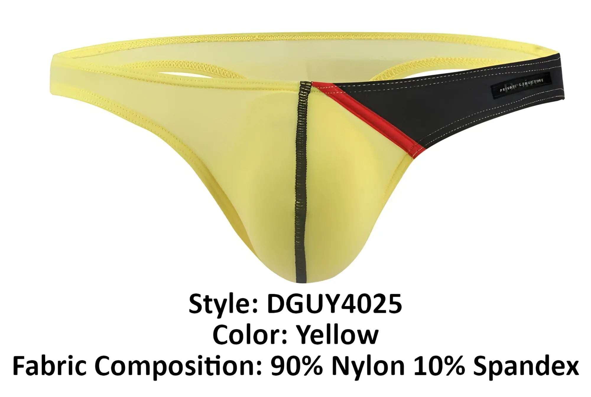 Yellow thong g-string with black and red accents made of 90 nylon and 10 spandex by private structure dgu y4025 desire glaze