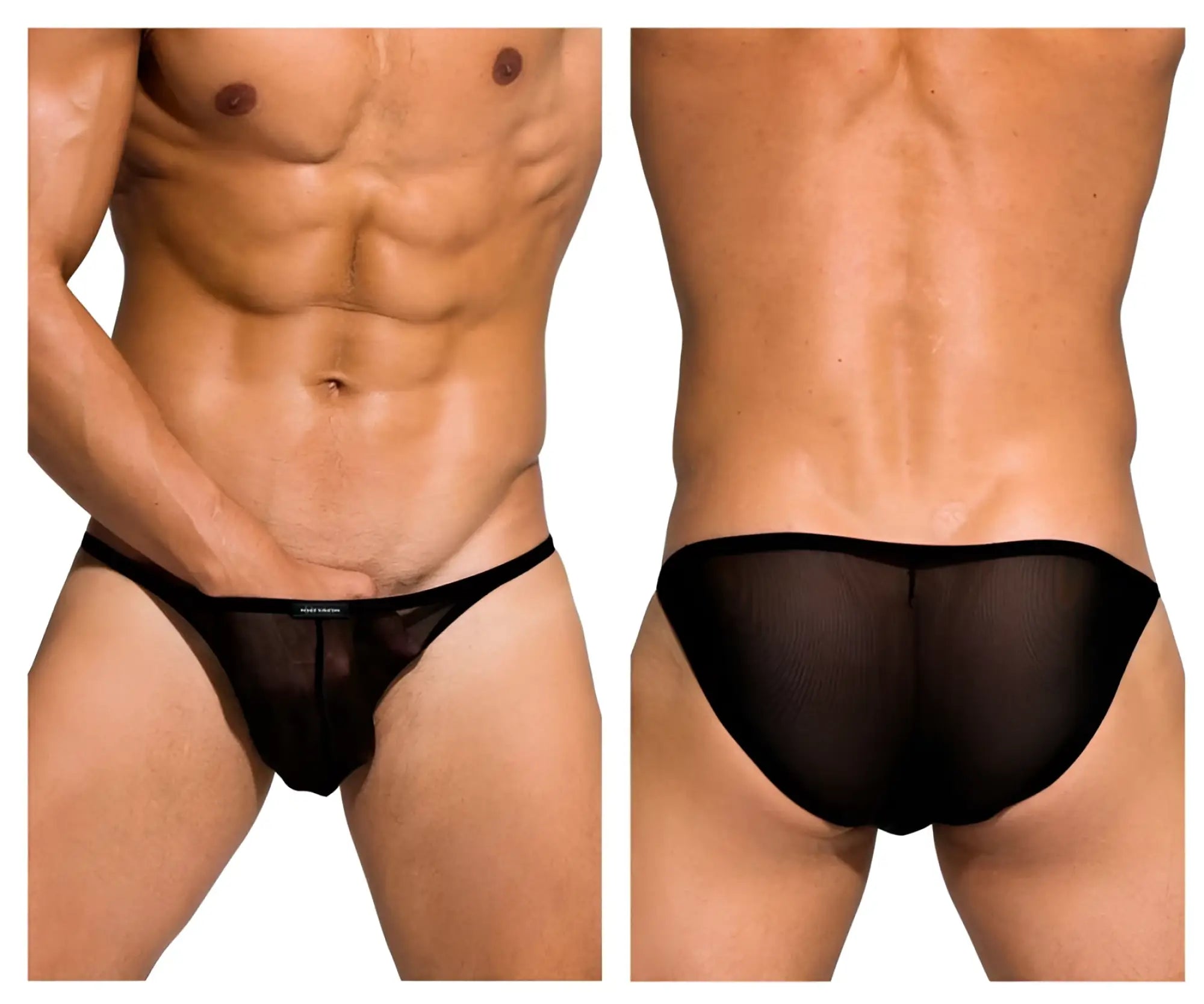 Black sheer mesh low rise bikini briefs with solid waistband by private structure desire intima
