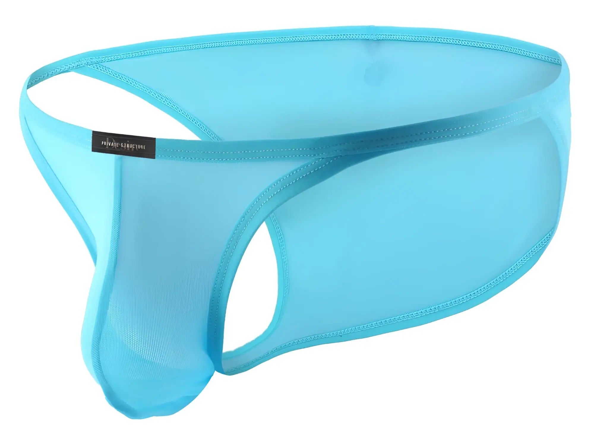 Light blue sheer mesh men’s thong with black brand tag from Private Structure DIAMU3454BT Desire Intima bikini line