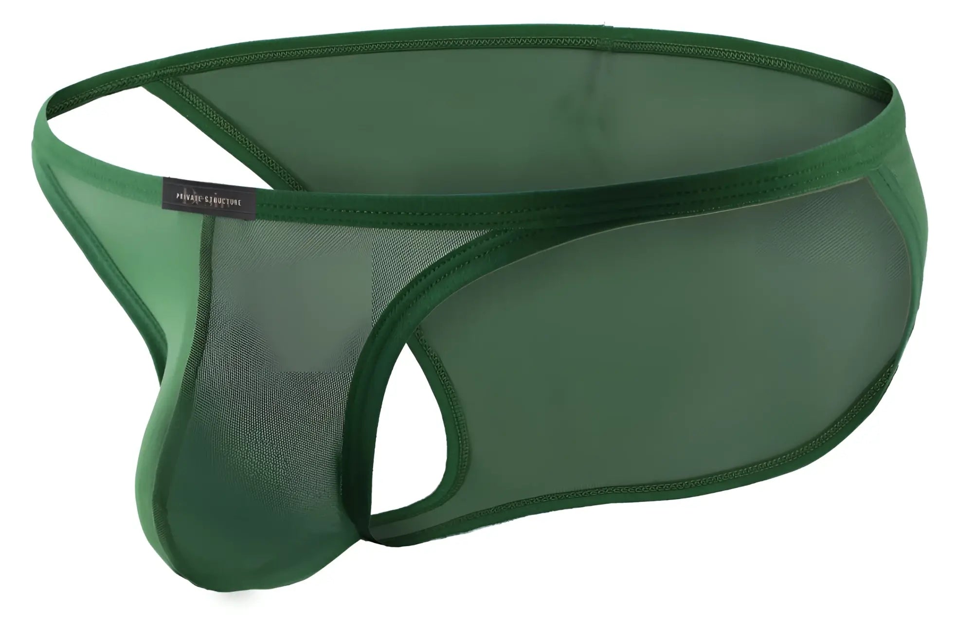 Dark green mesh thong with solid fabric waistband and reinforced seams from private structure desire intima collection