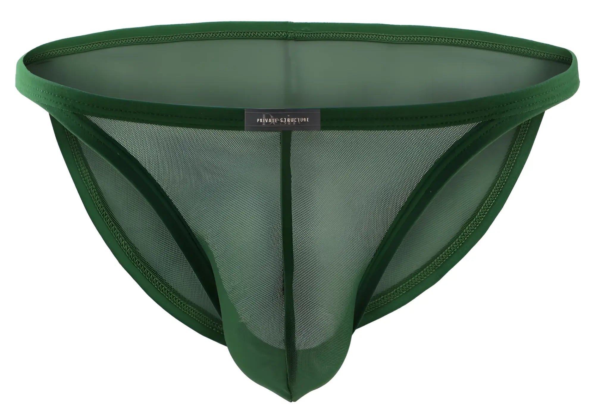 Dark green mesh thong bikini with solid fabric waistband and leg openings from private structure desire intima line