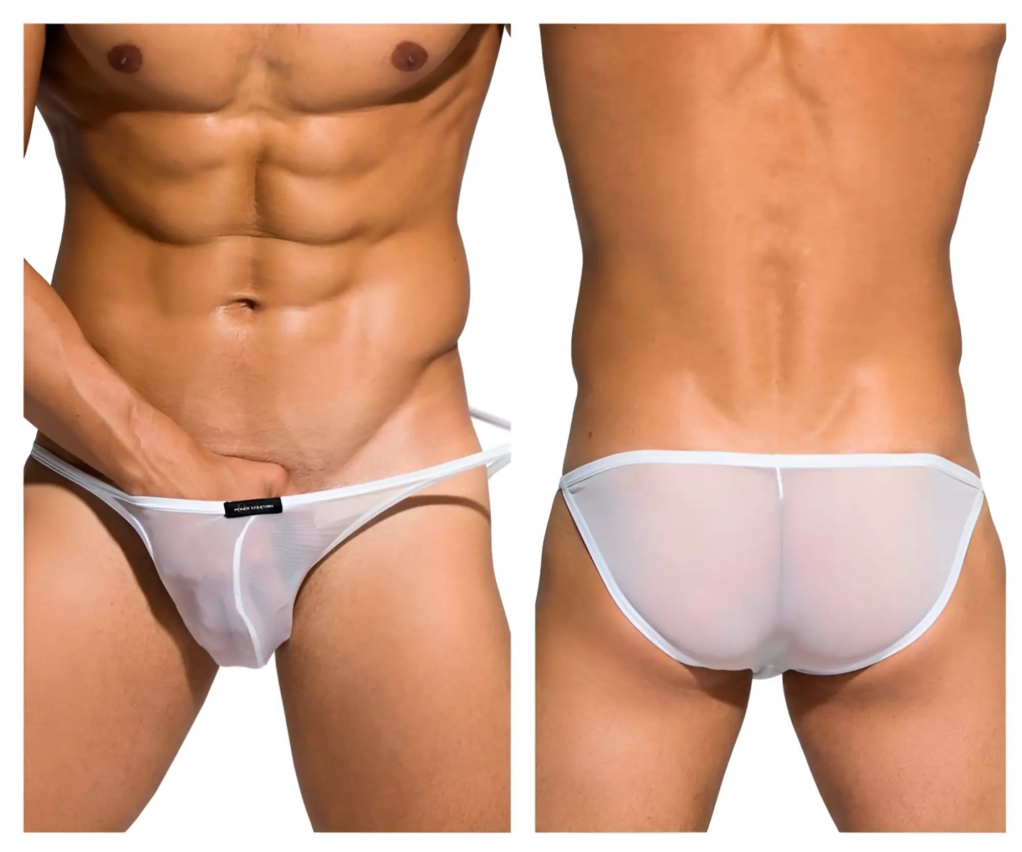 White sheer mesh low rise bikini briefs with a thin white waistband from Private Structure Desire Intima