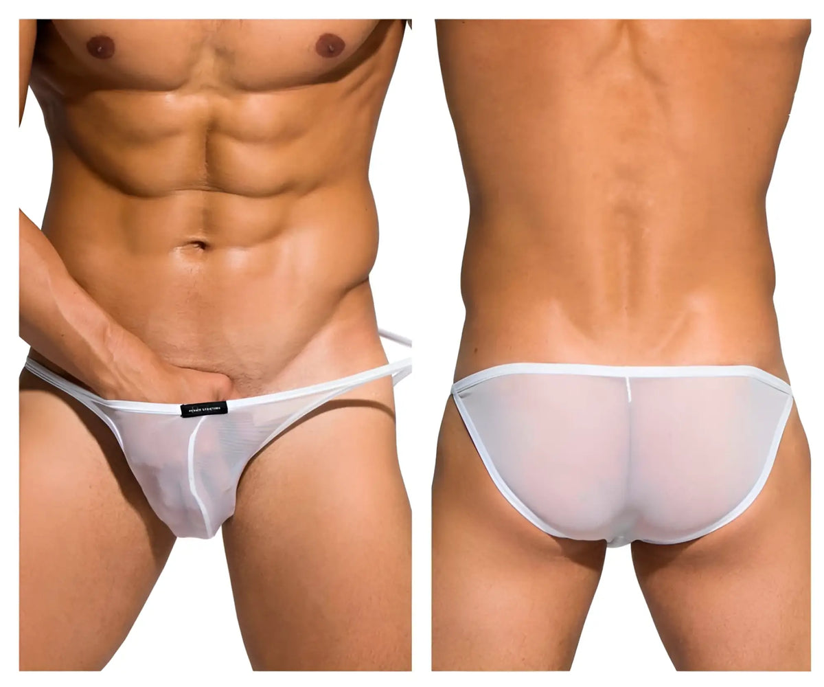 White sheer mesh low rise bikini briefs with a thin white waistband from Private Structure Desire Intima