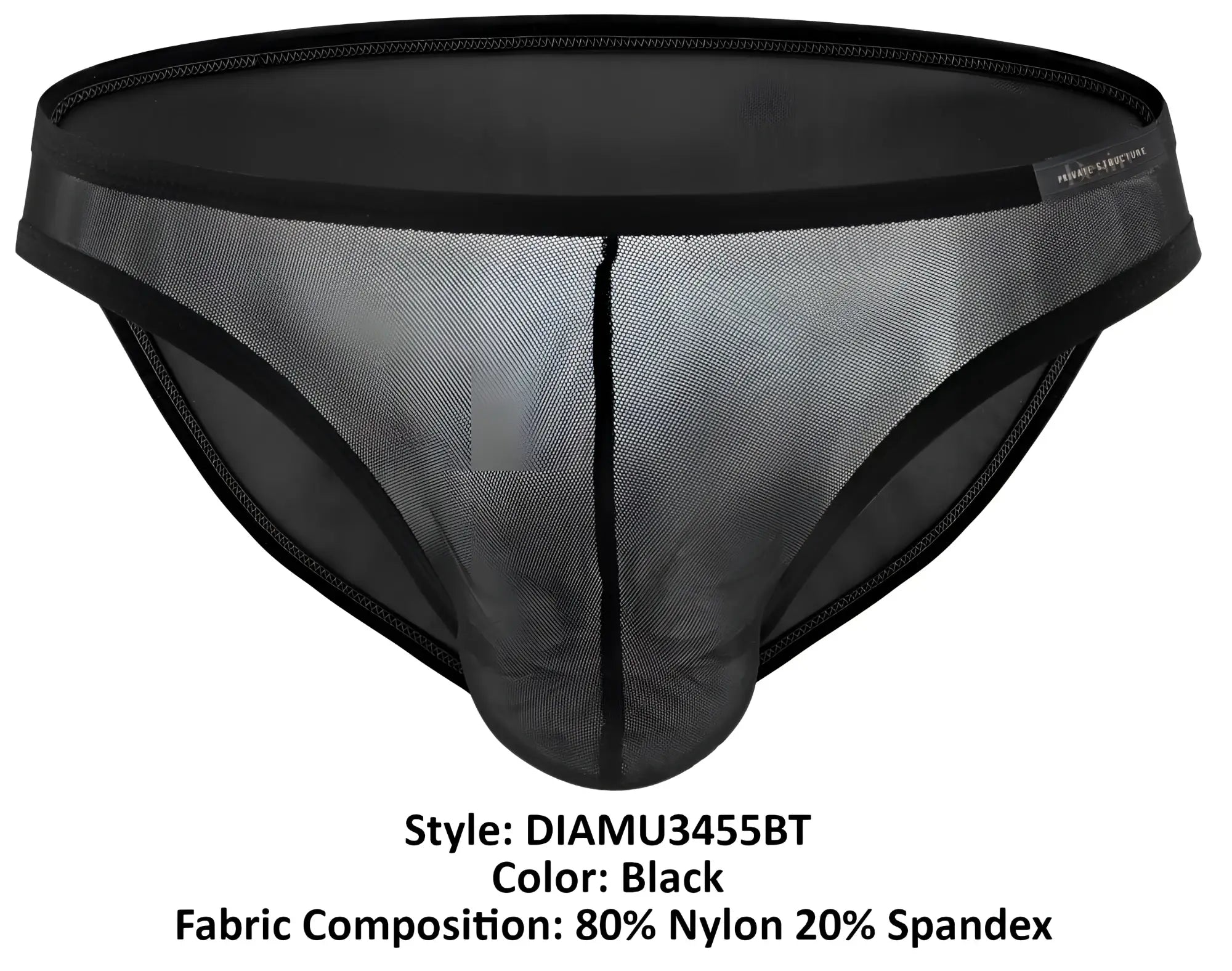 Black mesh briefs with solid elastic waistband and leg edges made from 80 nylon 20 spandex private structure desire intima