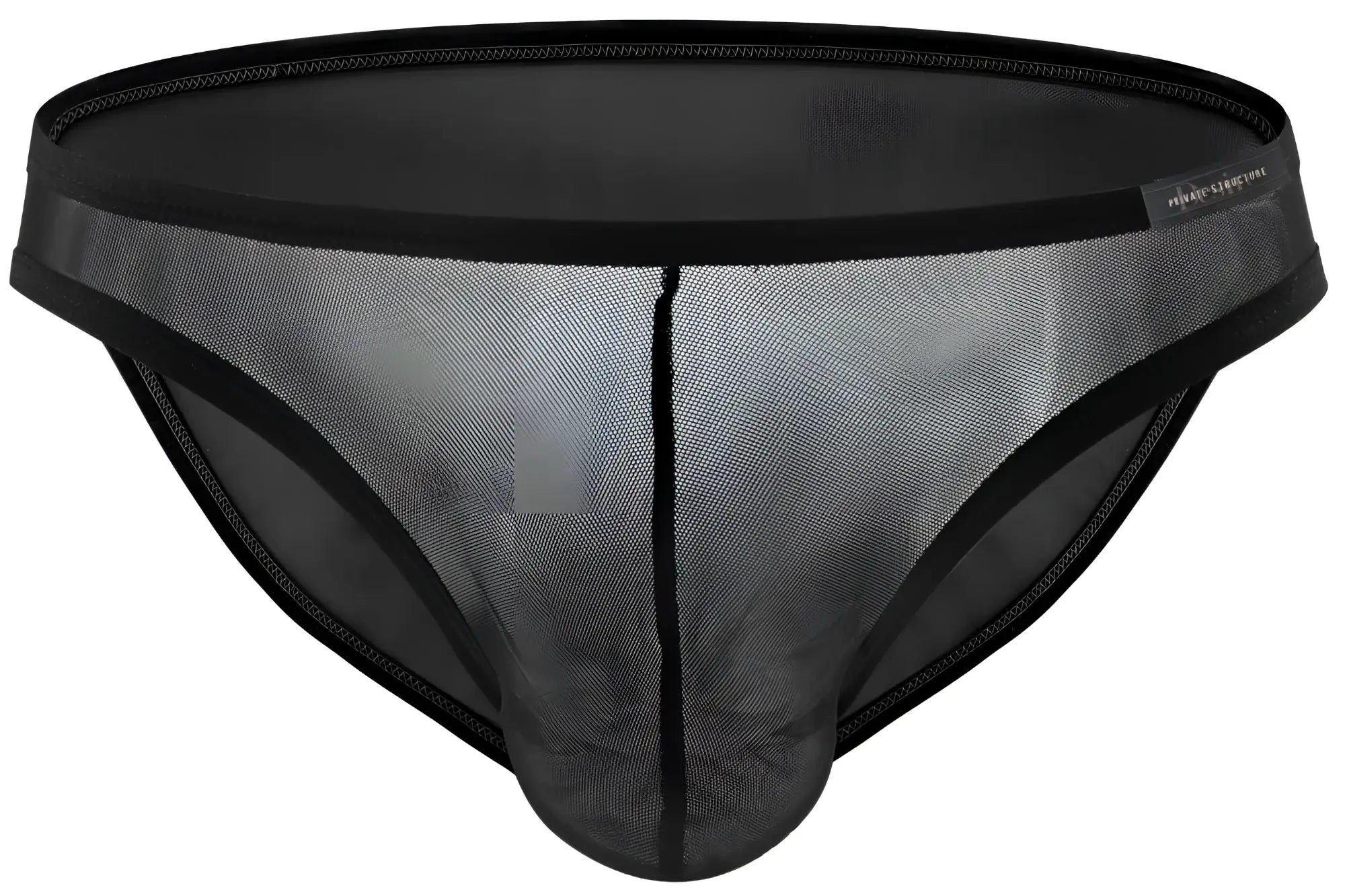 Black mesh private structure desire intima low rise bikini briefs with solid black waistband and trim