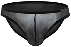 Black mesh private structure desire intima low rise bikini briefs with solid black waistband and trim