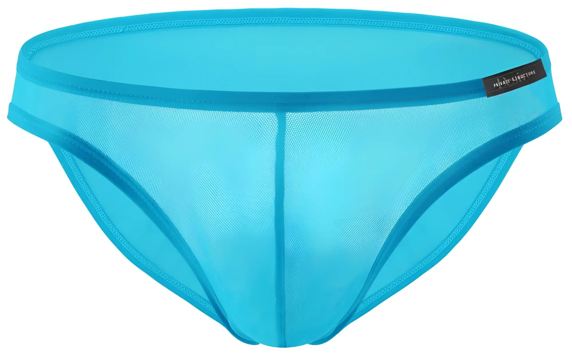 A vibrant turquoise mesh low rise bikini brief with sleek design and reinforced elastic waistband by Private Structure