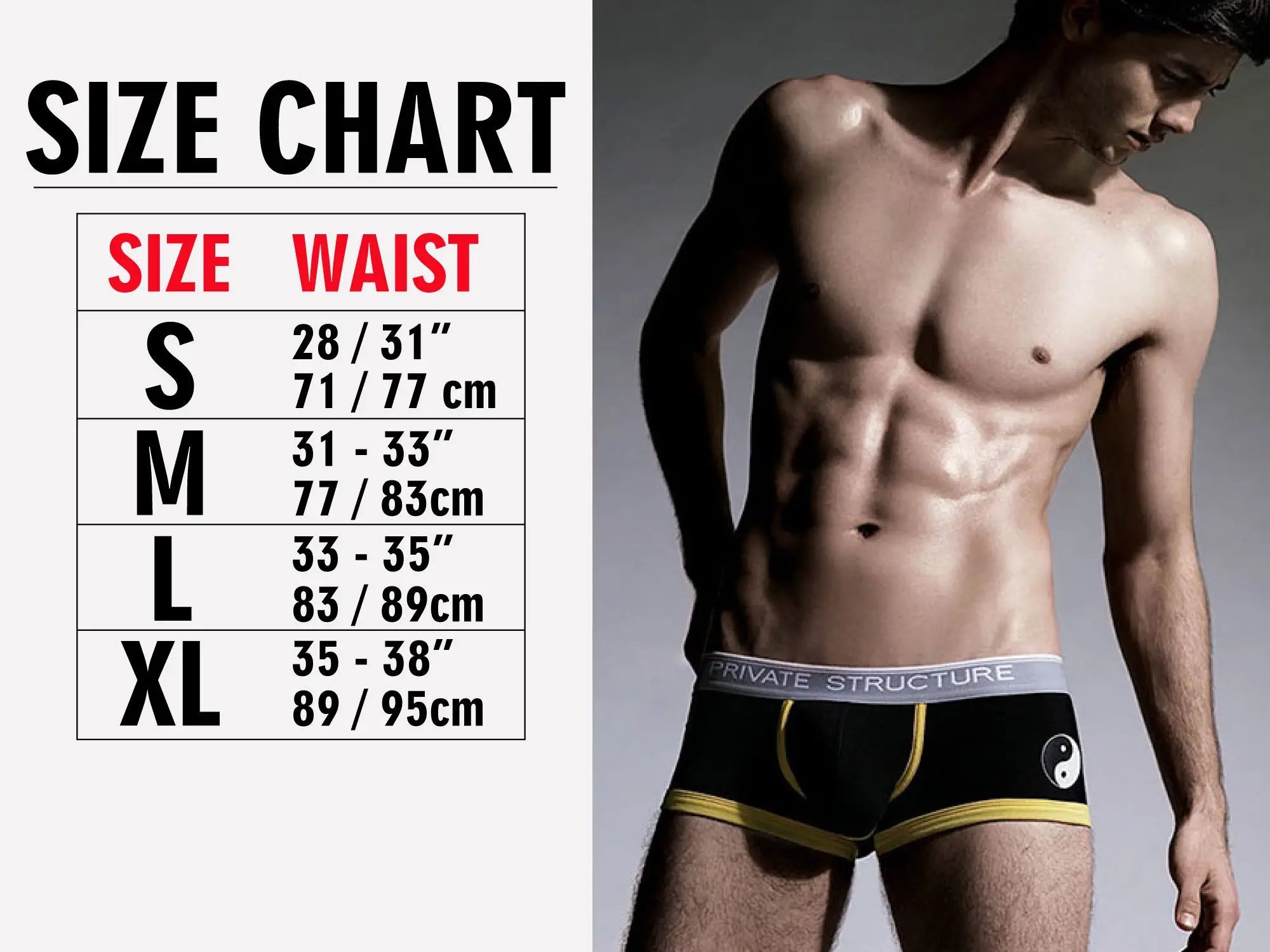 Black men’s briefs with yellow trim and white yin yang logo front featuring private structure branding waistband white
