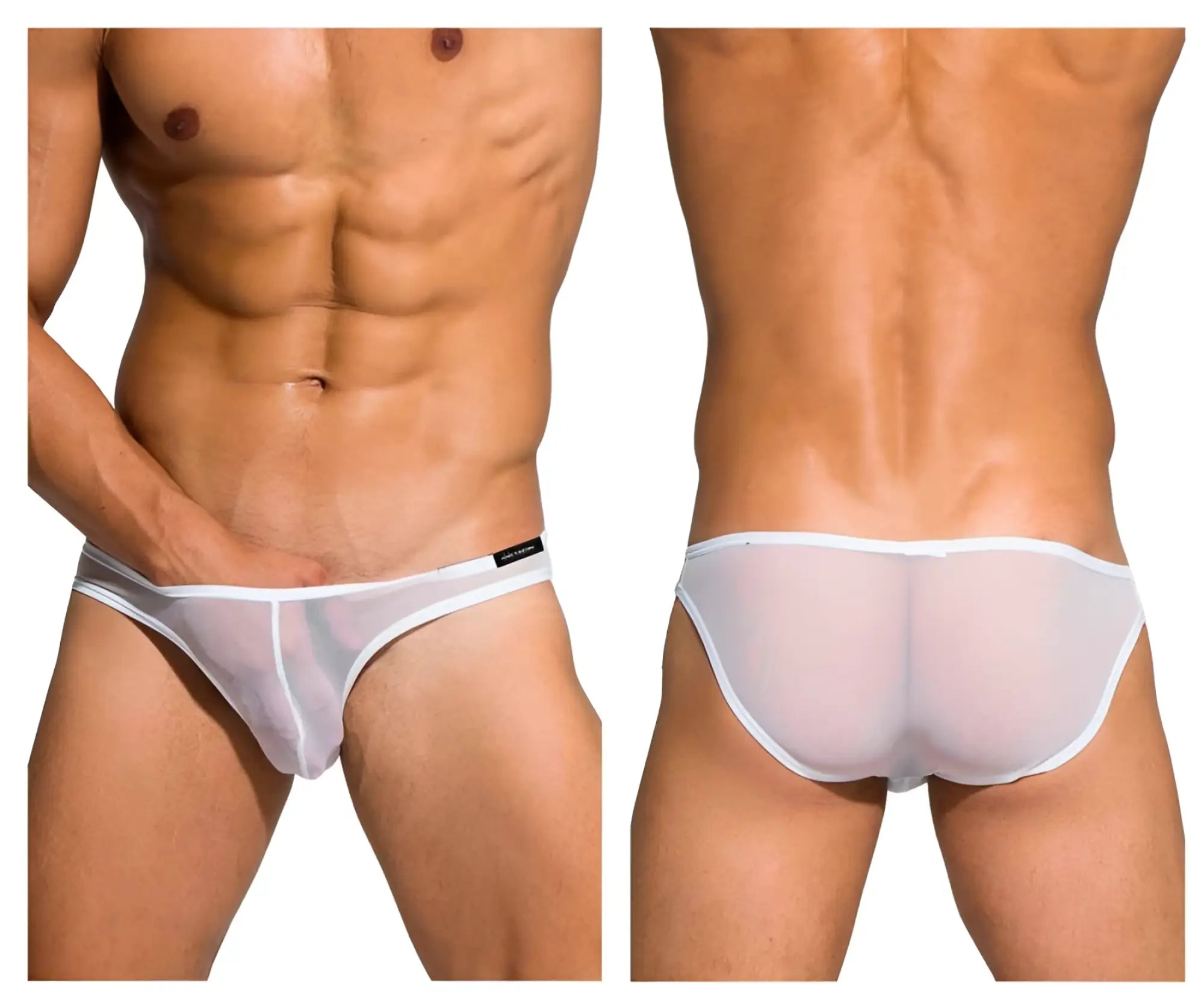 White sheer mesh briefs with white trim and black brand label from private structure diamu3455bt desire intima low rise bikini
