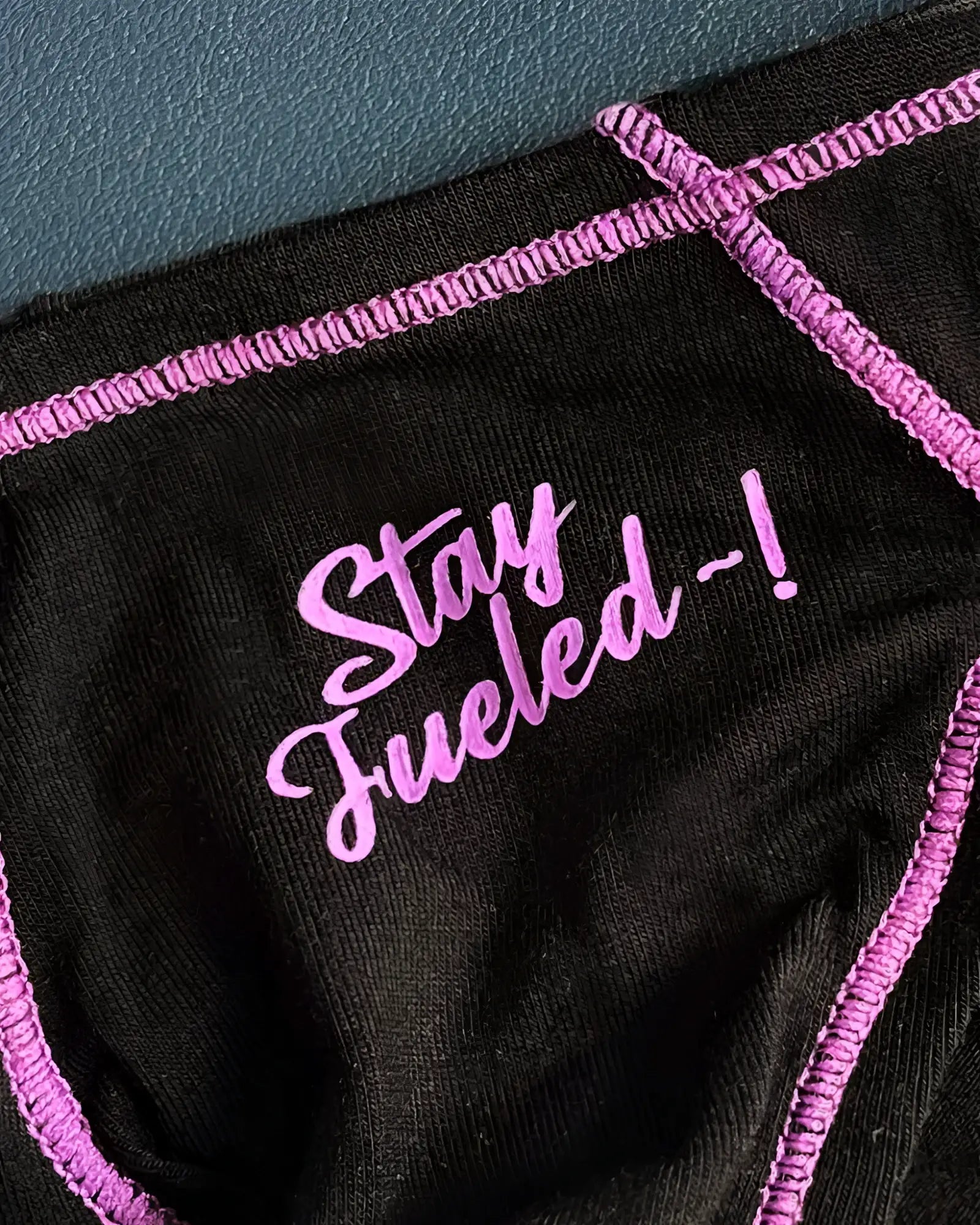 Private Structure EPUS4563 Prime Eutopia bikini brief in charcoal with black athletic top featuring pink stay fueled embroidery
