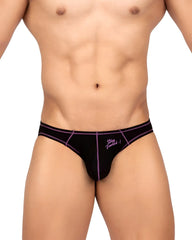 Black men’s briefs with purple trim and embroidered stay fueled text in charcoal private structure prime eutopia bikini brief