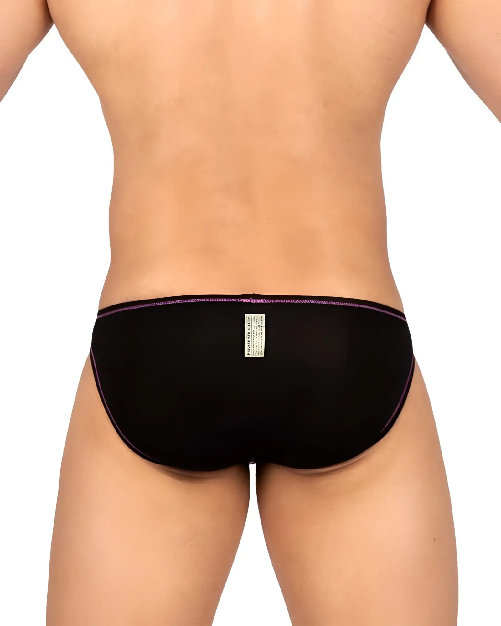 Private structure epus4563 prime eutopia bikini brief charcoal with black fabric and subtle purple trim on waistband and legs