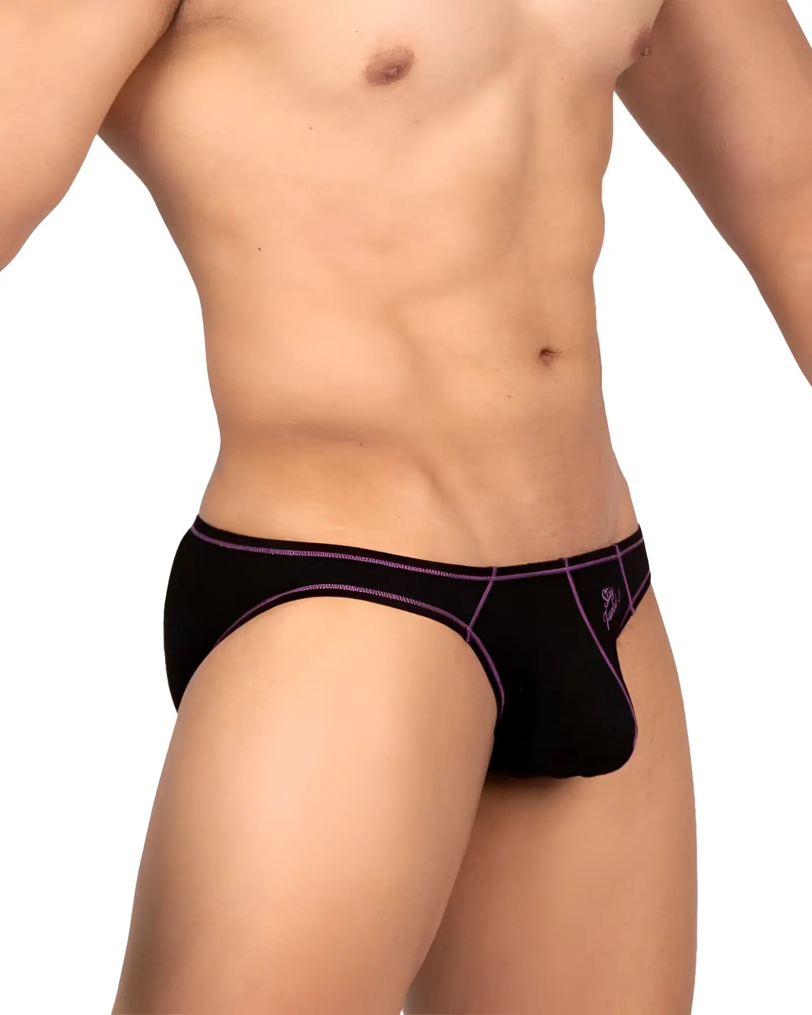 Black men’s briefs with purple trim and small side logo in charcoal color from private structure epus4563 prime eutopia bikini brief