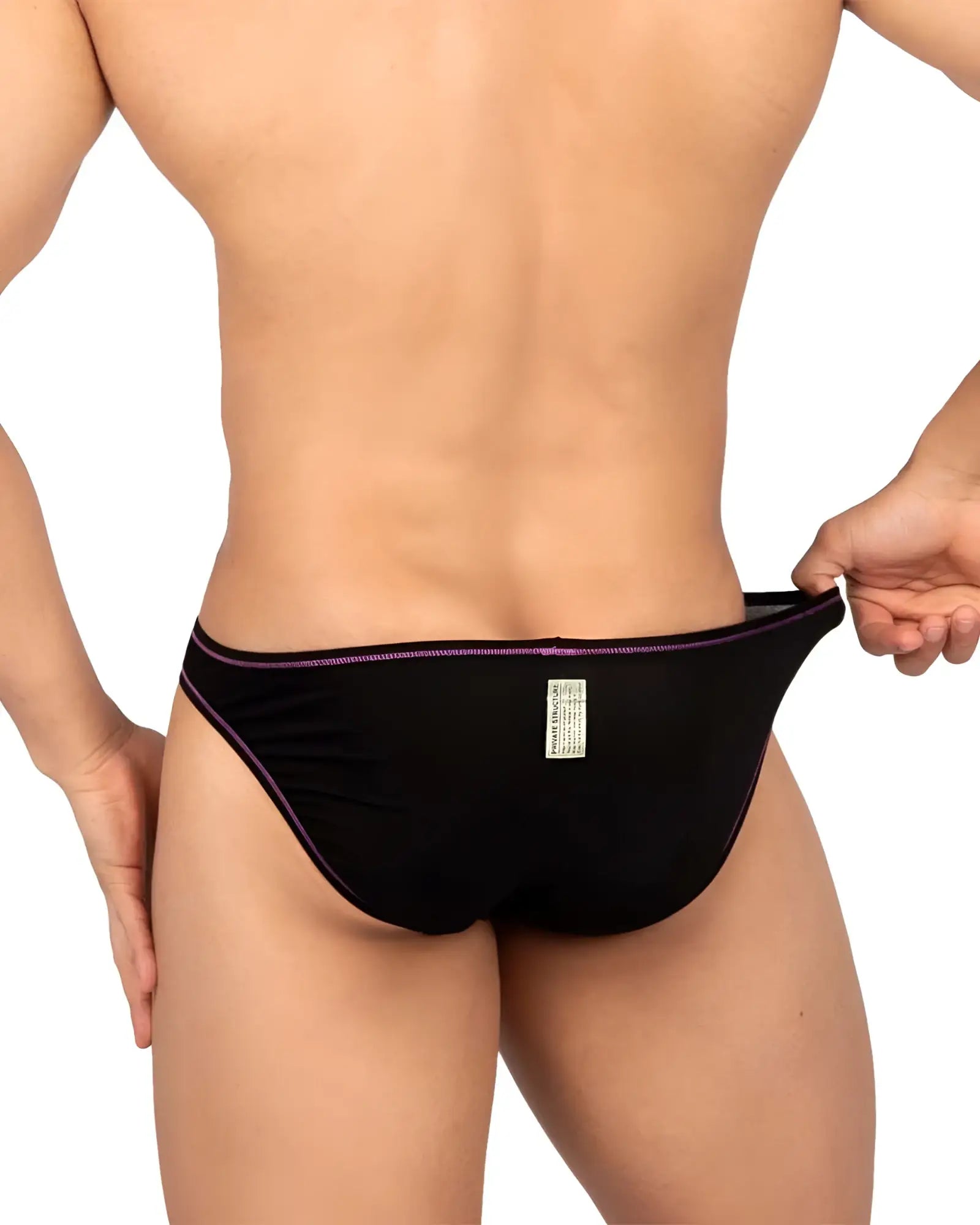 Charcoal black private structure epus4563 prime eutopia bikini briefs with subtle purple trim on waistband and leg openings