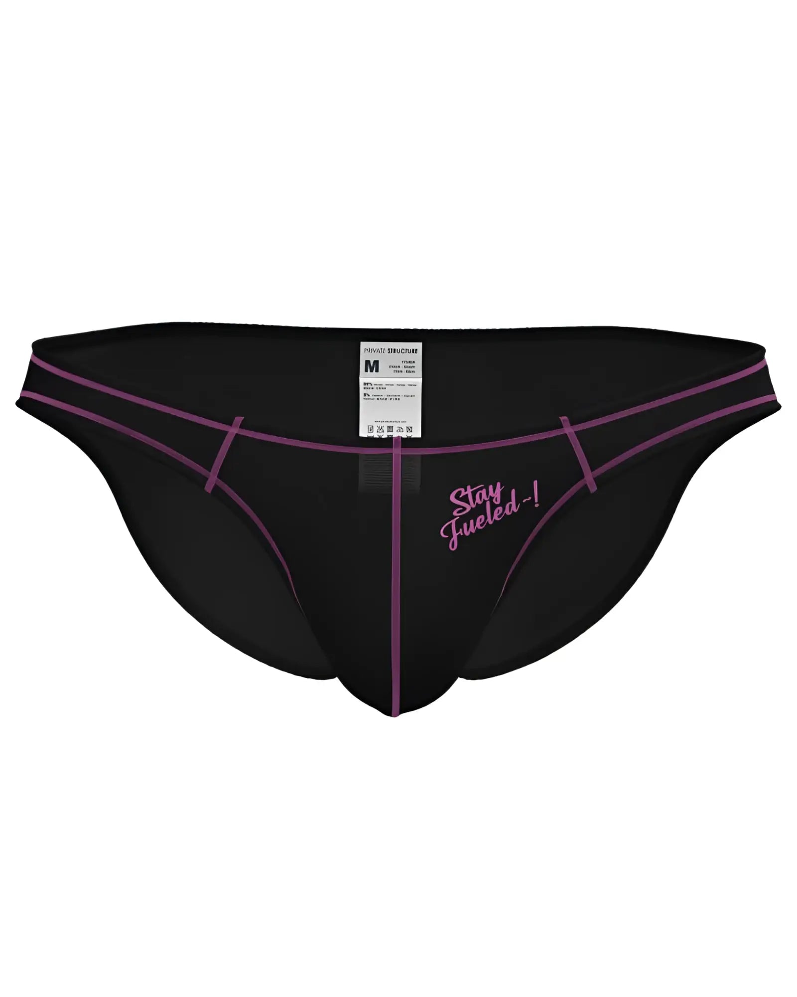 Private structure epus4563 prime eutopia bikini brief in charcoal with purple trim and stay fueled embroidered slogan