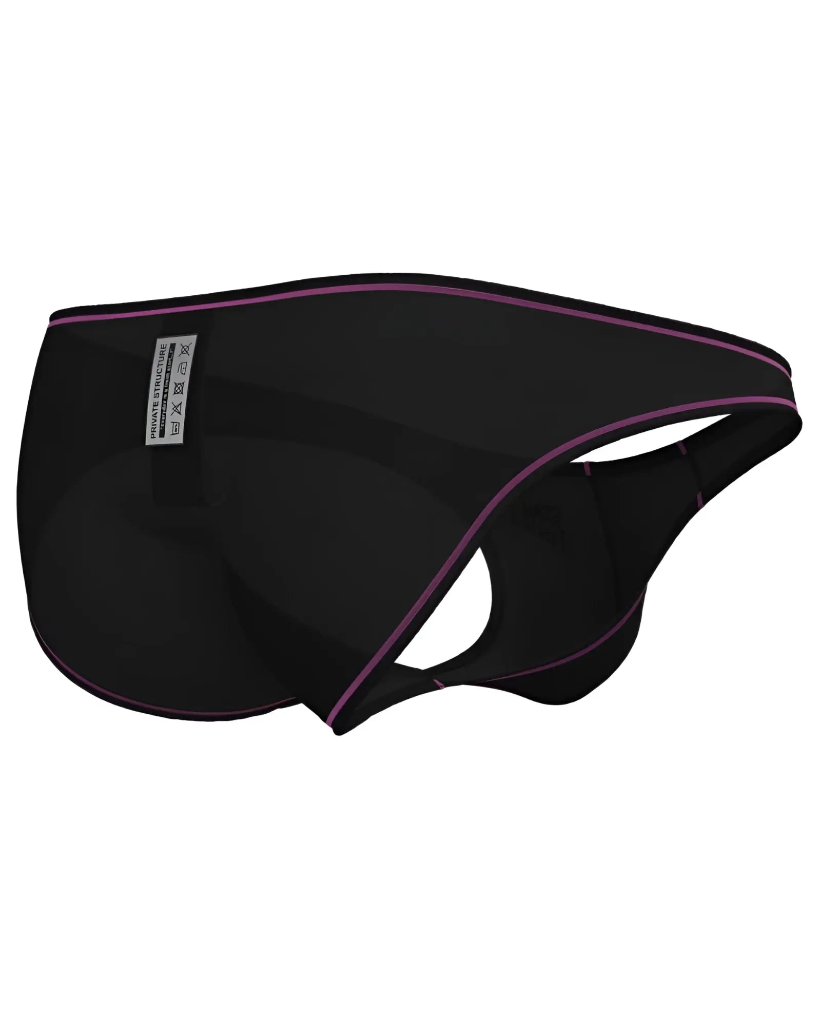 Private structure epus4563 prime eutopia bikini brief in charcoal black with purple trim and white care label on waistband