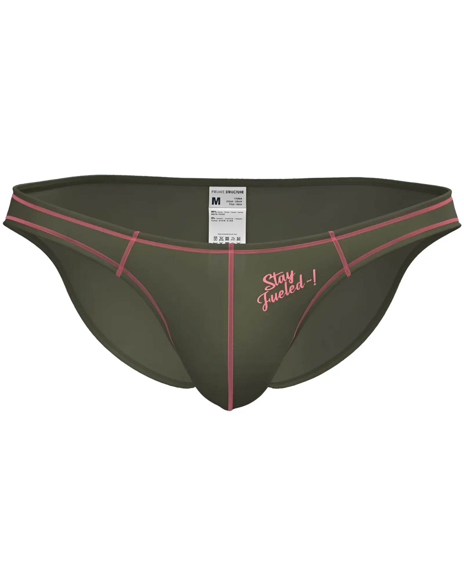 Olive green private structure prime eutopia bikini brief with pink stitching and stay fueled embroidered slogan