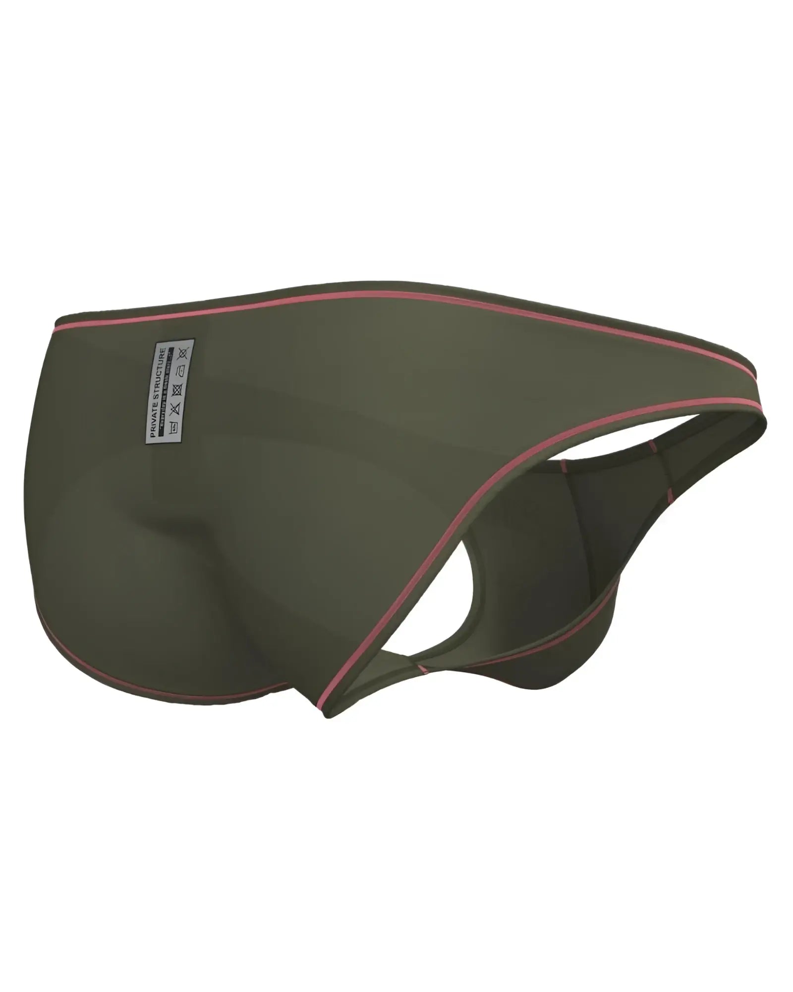 Olive green mens briefs with pink stitching and a small white waistband label private structure prime eutopia bikini brief