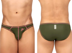 Olive green private structure prime eutopia bikini briefs with pink trim and stay focused logo on front