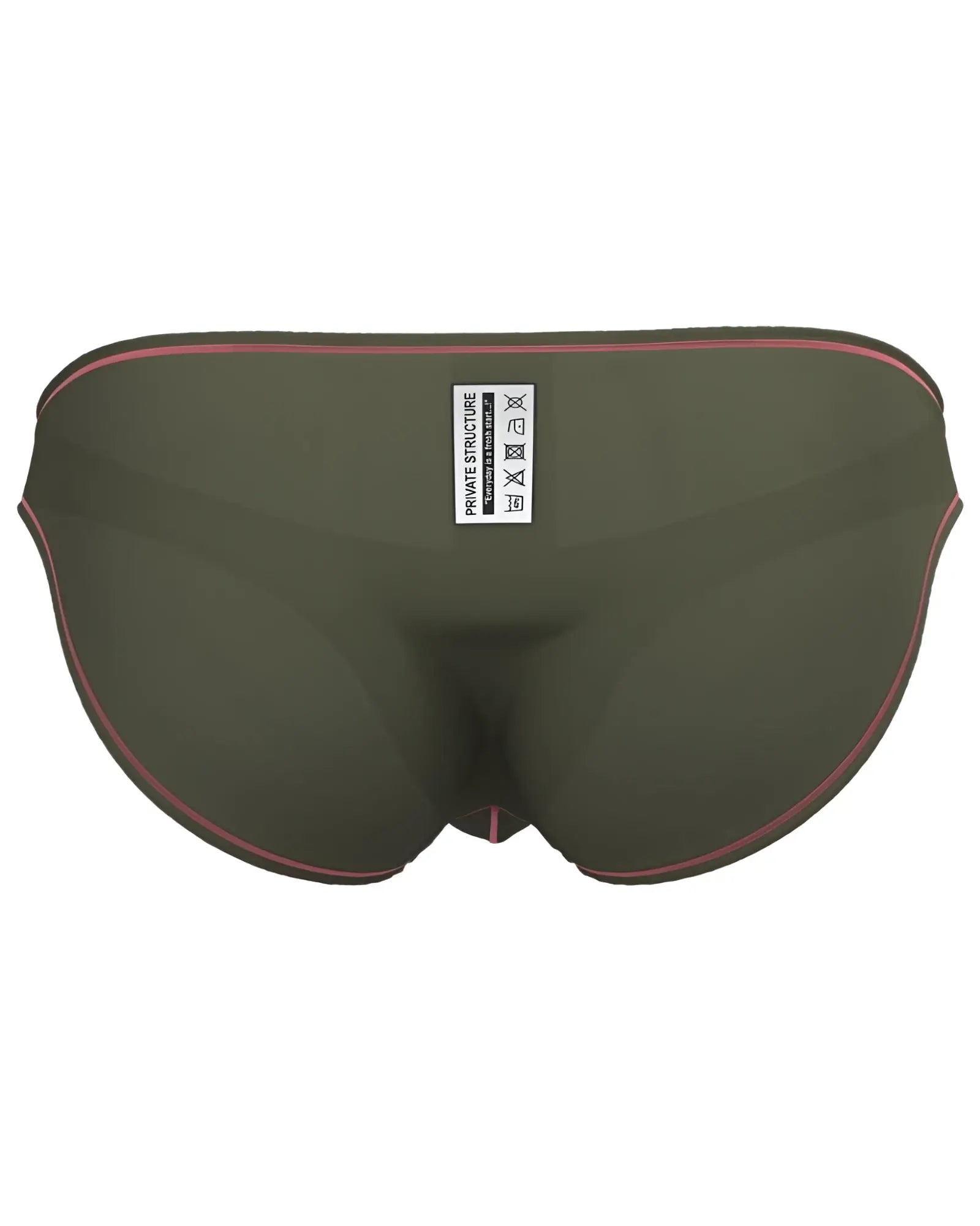 Olive green swim trunks with pink trim and white care label by private structure epus4563 prime eutopia bikini brief