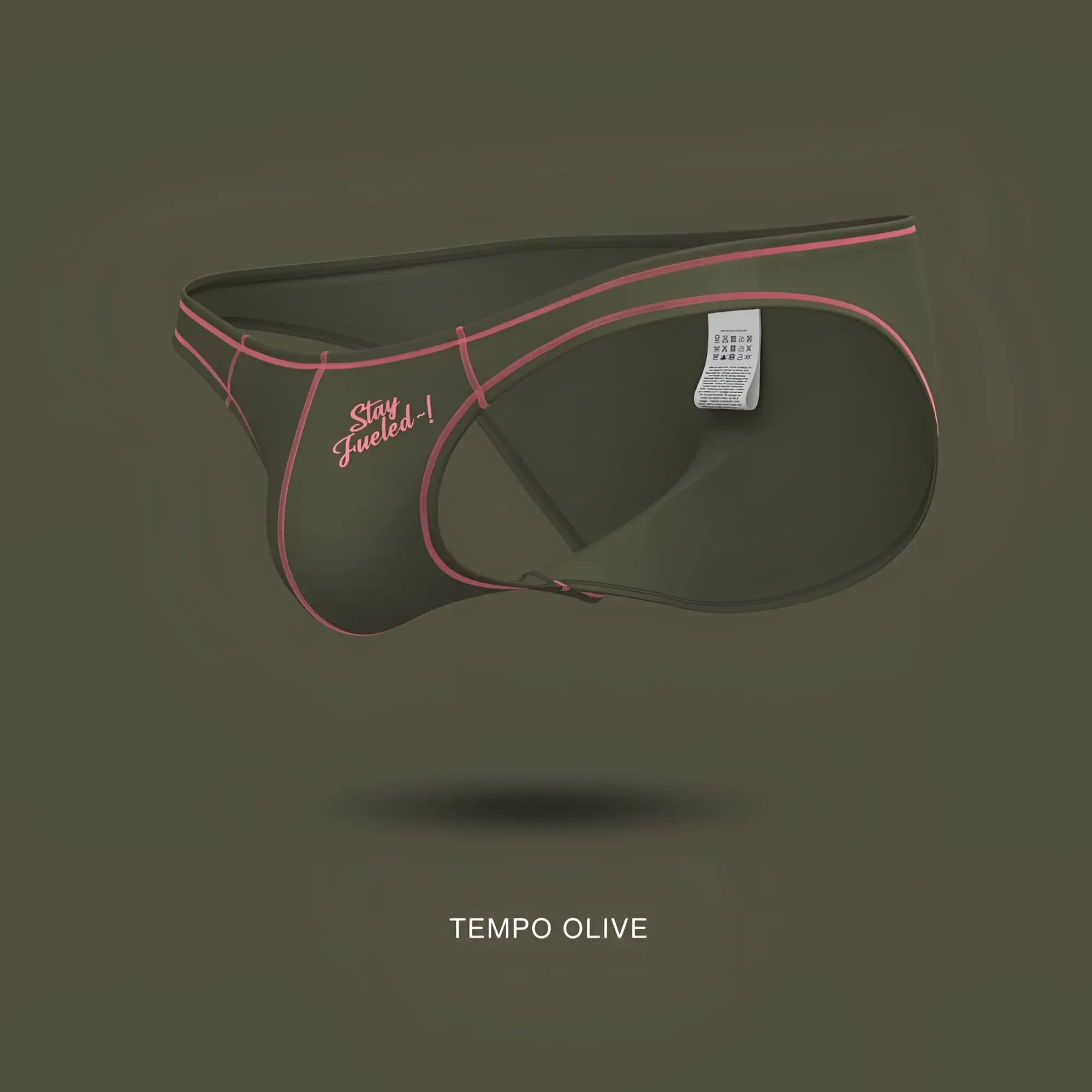 Olive tempo brand briefs with pink stitching and stay fueled embroidered slogan in private structure prime eutopia bikini brief