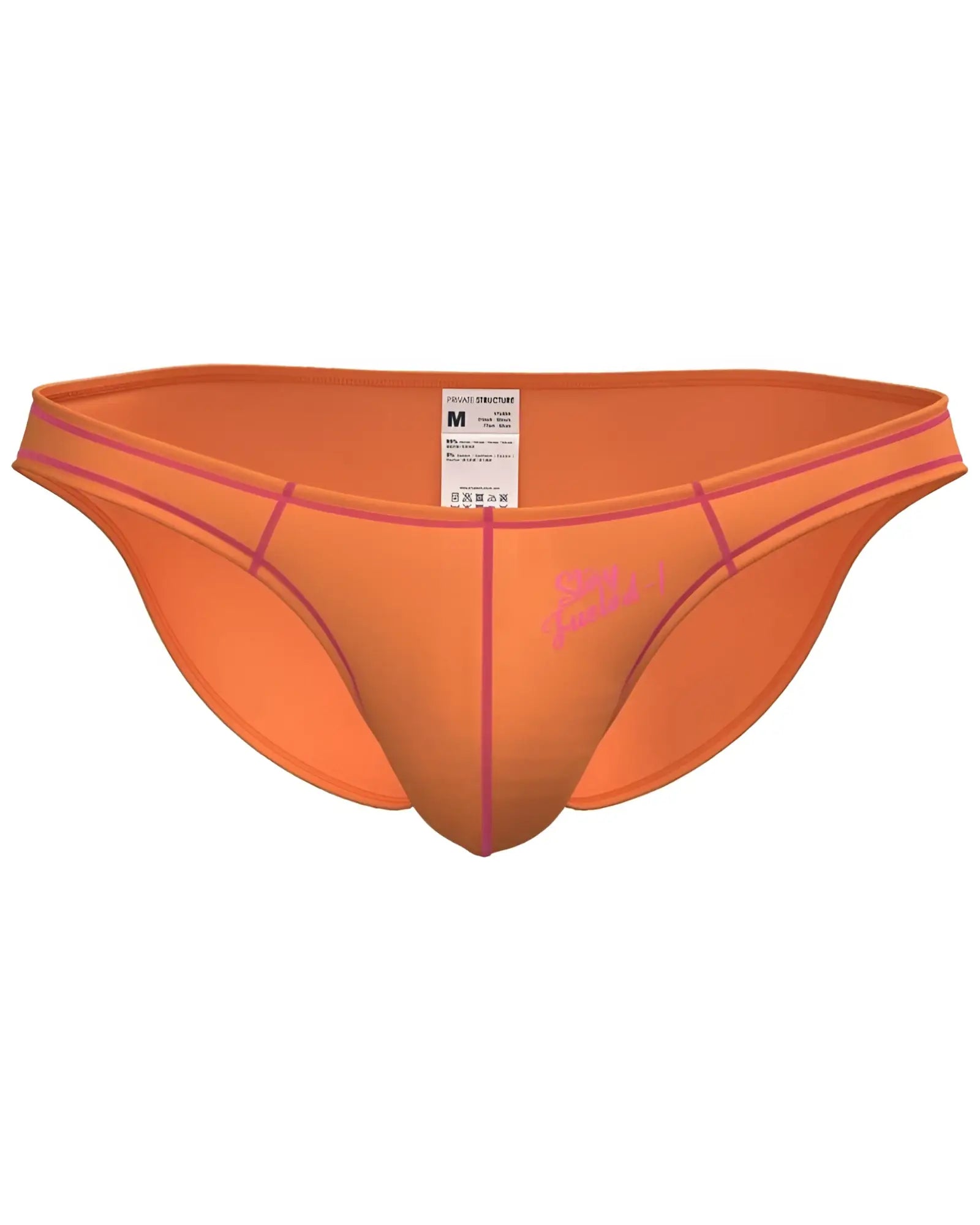 Bright orange Private Structure EPUS4563 Prime Eutopia bikini brief swim trunks with pink trim and subtle front logo