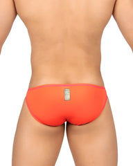 Back view of vibrant orange private structure epus4563 prime eutopia bikini brief with subtle pink trim and label