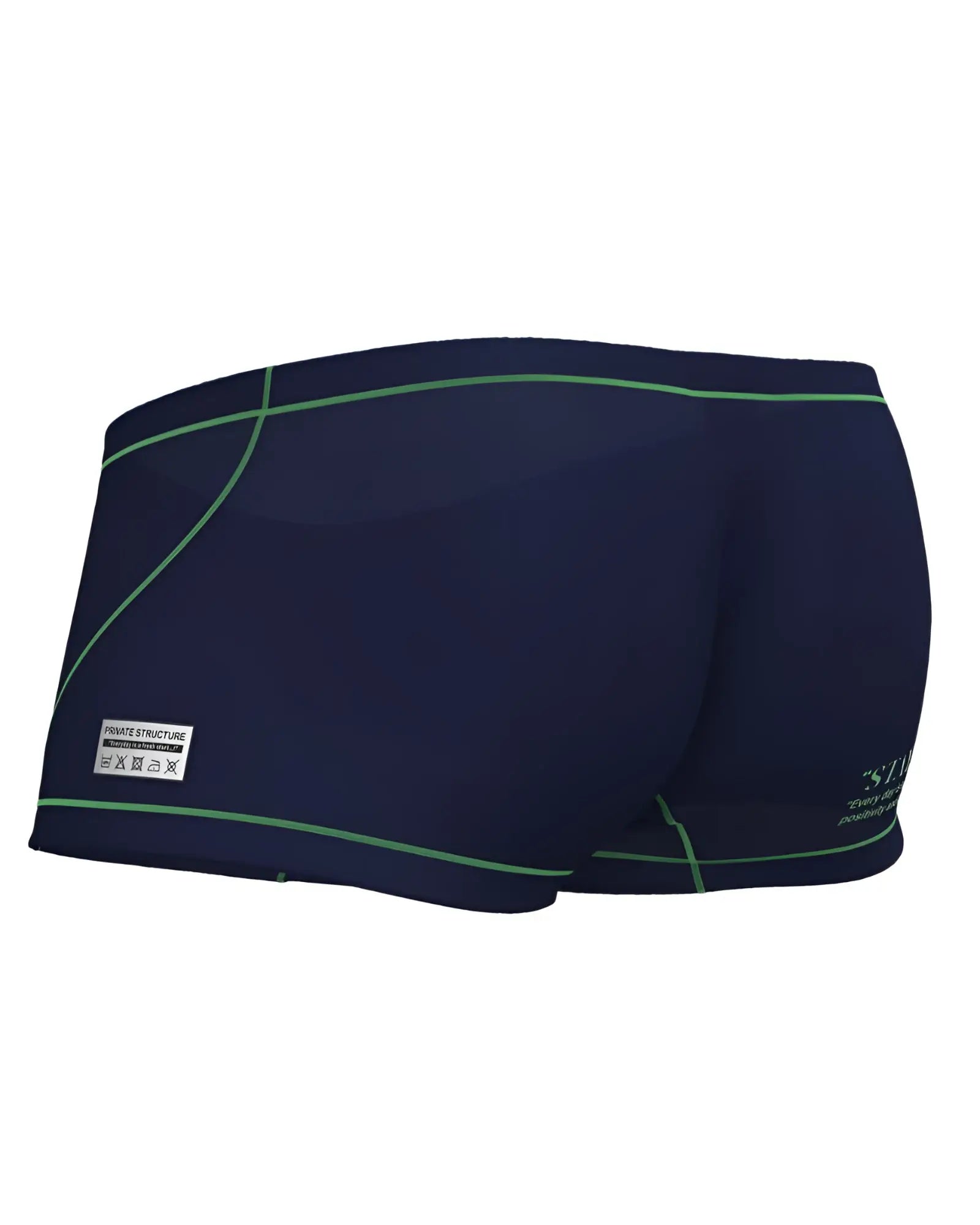 Dark navy swim trunks with green stitching and small white private structure label on the side in prime elysian hipster style