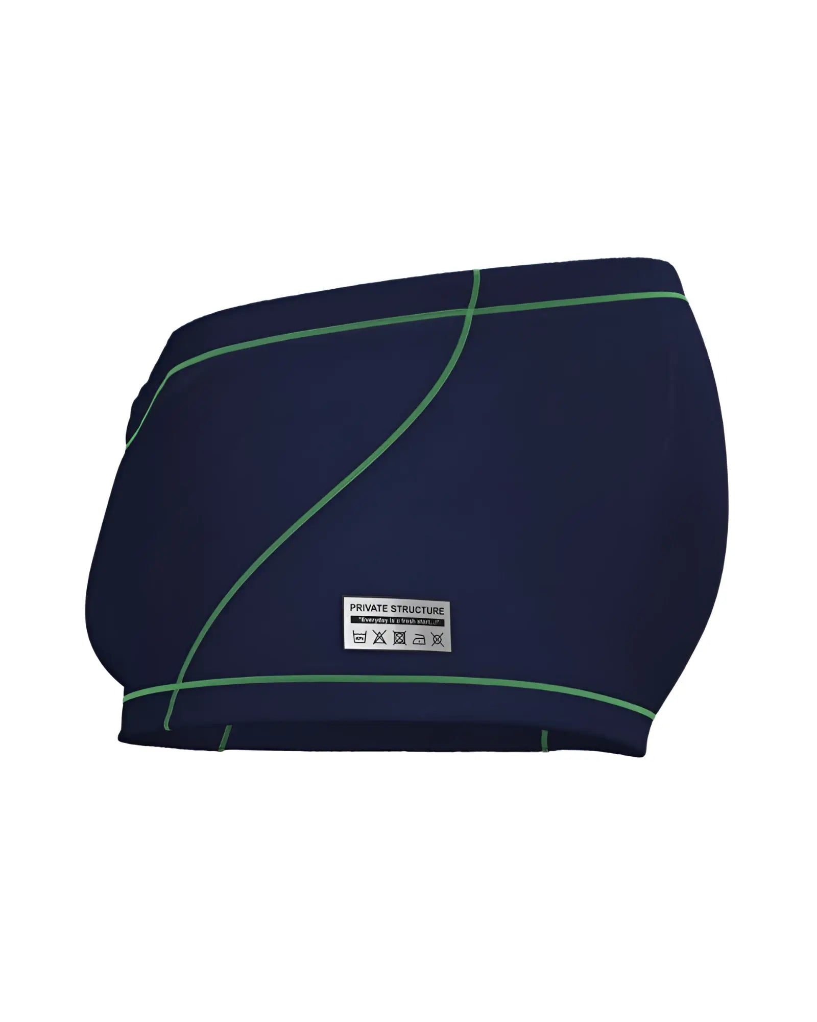 Dark blue swim trunks with green stitching and private structure brand label from the EPUS4570 Prime Elysian hipster line