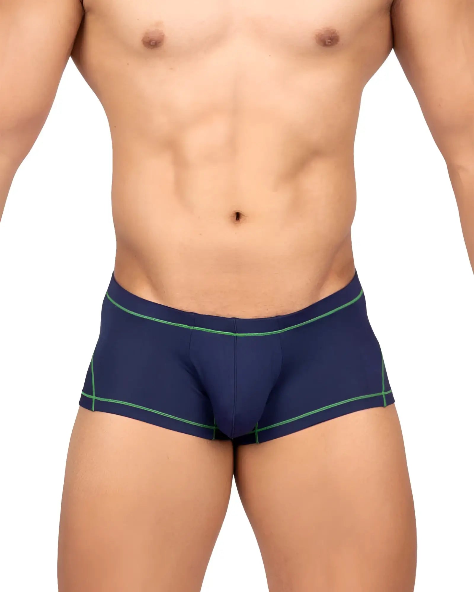 Navy blue boxer briefs with green trim from private structure epus4570 prime elysian hipster collection in stretchy fabric