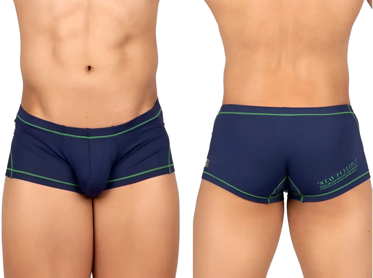 Back side of navy blue Private Structure EPUS4570 Prime Elysian hipster briefs with green trim and stay filled logo