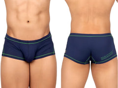 Back side of navy blue Private Structure EPUS4570 Prime Elysian hipster briefs with green trim and stay filled logo