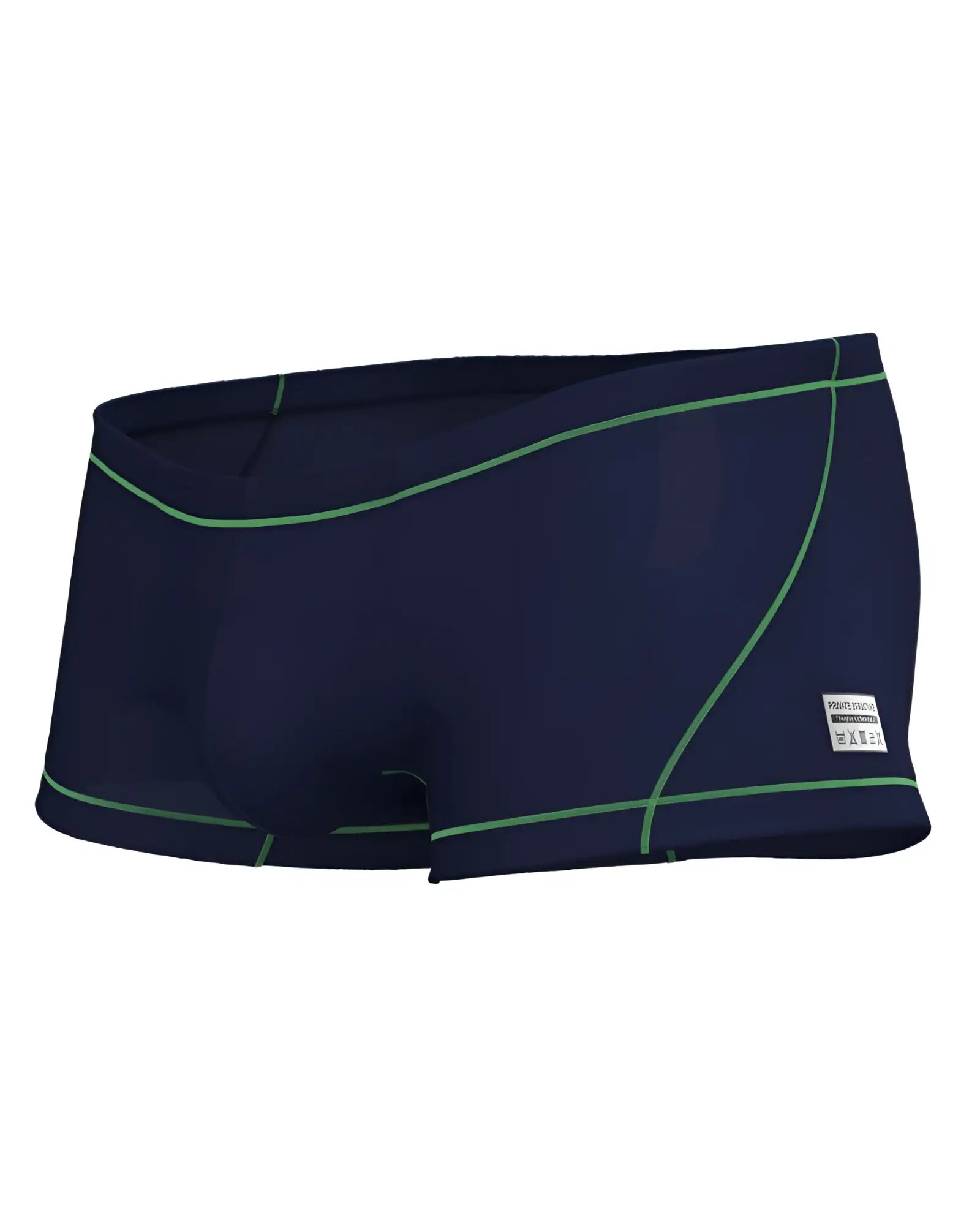 Private Structure EPUS4570 Prime Elysian hipster navy blue swim trunks with neon green stitching and white brand label
